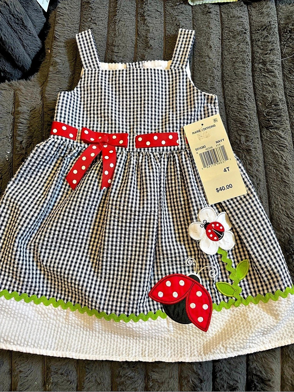 Rare Editions Navy Gingham Ladybug Applique Dress Girls 4T